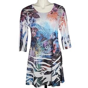 Xception Tunic Dress White Multi Colour Crochet Back Rhinestone Lightweight S